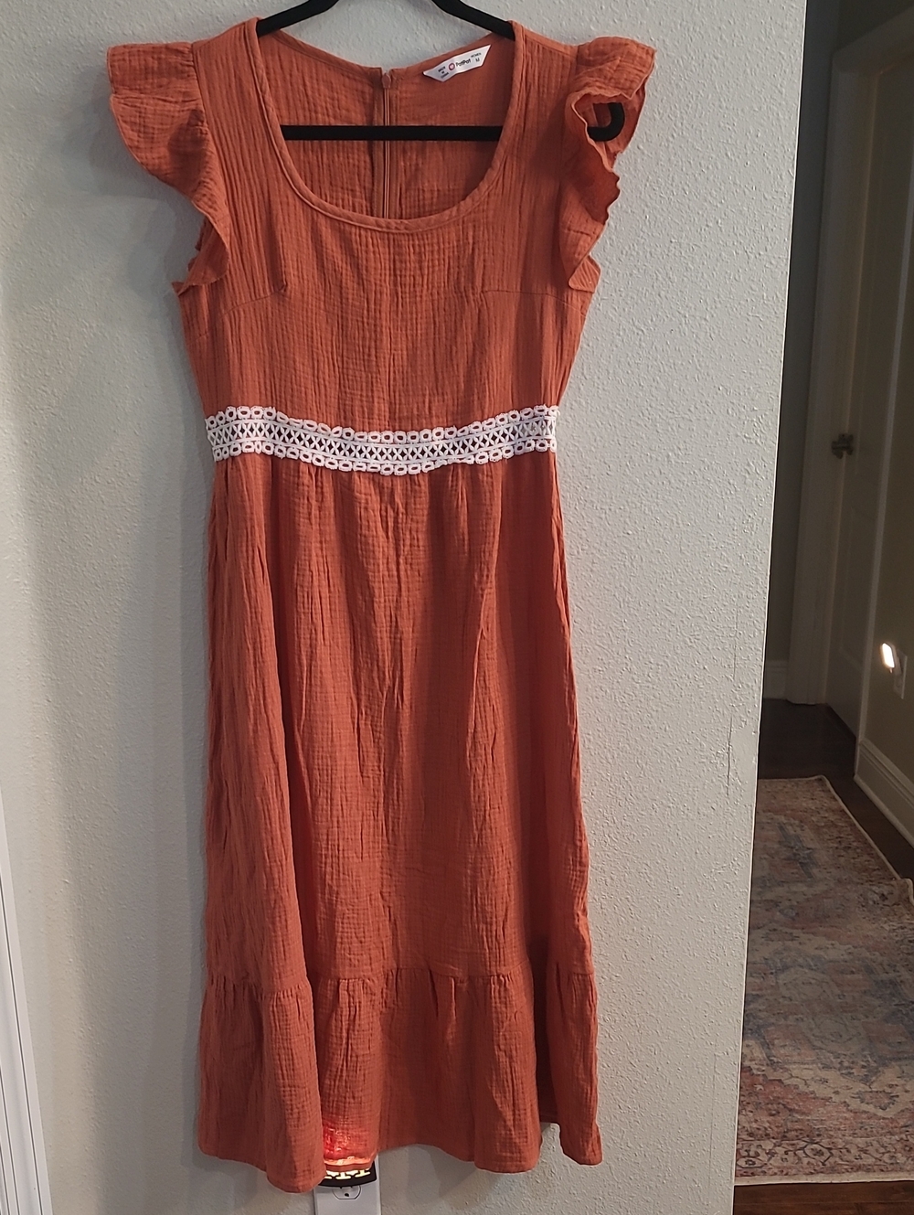 PatPat Rust Orange Maxi Dress with White Crochet Waist 100% Cotton Med